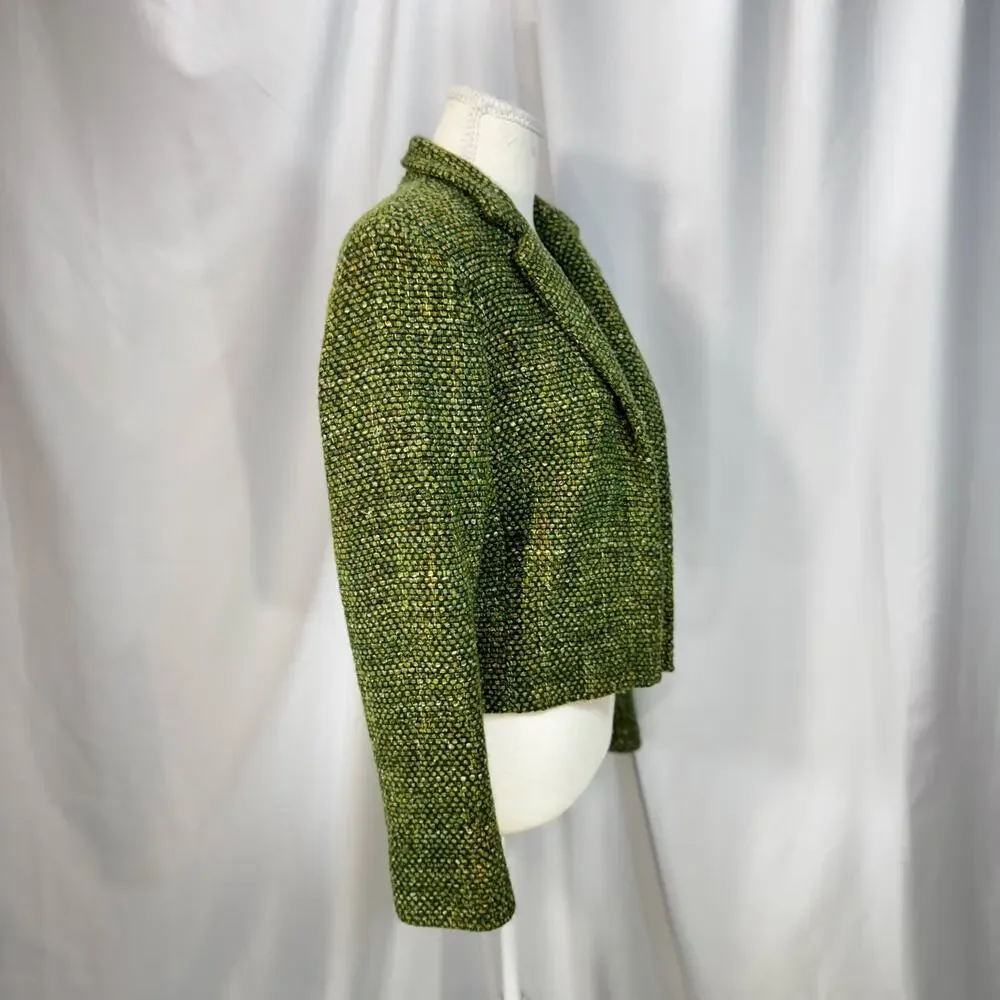 Vtg Tweed Cropped Blazer Green 80s Tailored Jacket Dark Academia Ivy League 6 - Picture 7 of 16